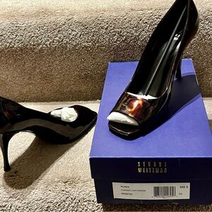 Stuart Weitzman KLINDA COGNAC TARTARUGA Open Toe Heels Size 8.5 Infrequency worn